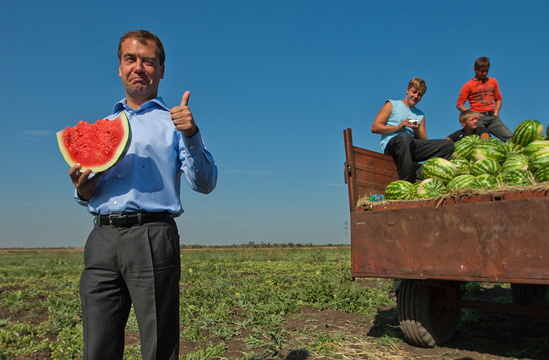 Дмитрий Медведев

В 2010 г., когда президентом России был Дмитрий Медведев, была утверждена "Доктрина продовольственной безопасности России". В ней говорится, что на внутреннем рынке к 2020 г. российское зерно должно занимать не менее 95%, сахара - не менее 80%, молока - не менее 90%, мяса - не менее 85%.
