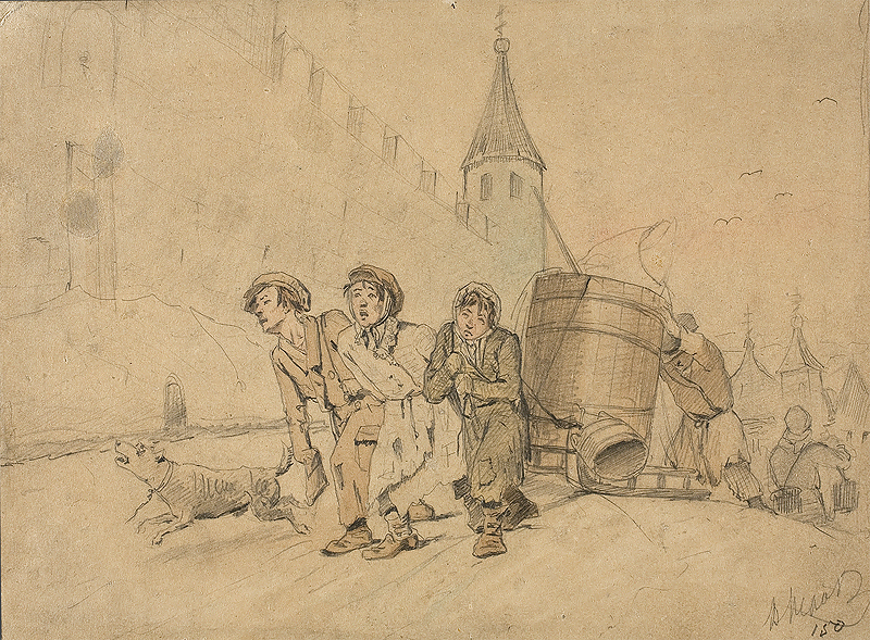 Деревенская тройка перов. Перов. Перов тройка ученики мастеровых везут воду картина. Дети тащат бочку. «тройка» василия перова.