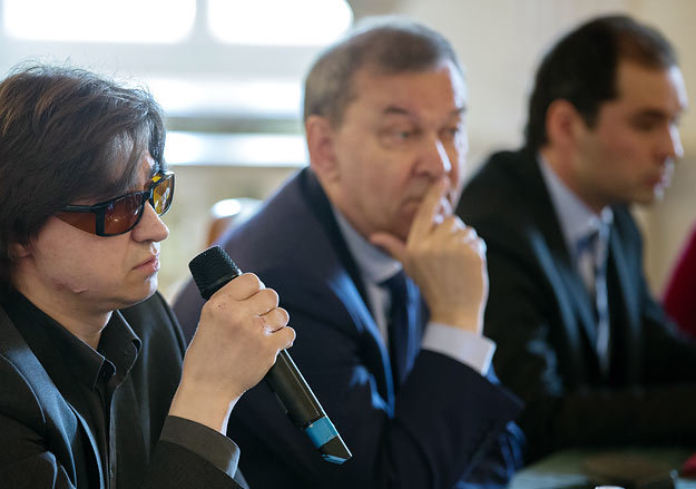 Художественный руководитель балета ГАБТ Сергей Филин, директор Большого театра Владимир Урин и главный дирижер Большого театра Туган Сохиев (слева направо) на пресс-конференции перед открытием театрального сезона