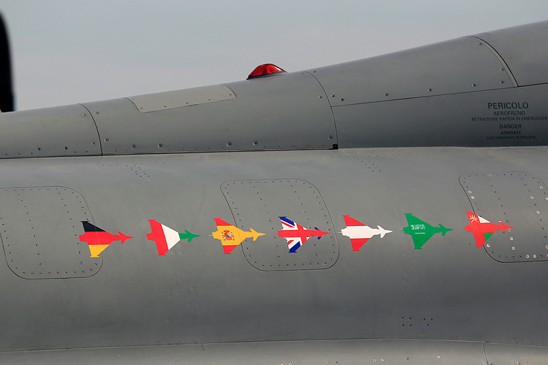 Многоцелевой истребитель четвертого поколения Eurofighter Typhoon с флажками стран, которые уже закупили такие машины для своих ВВС