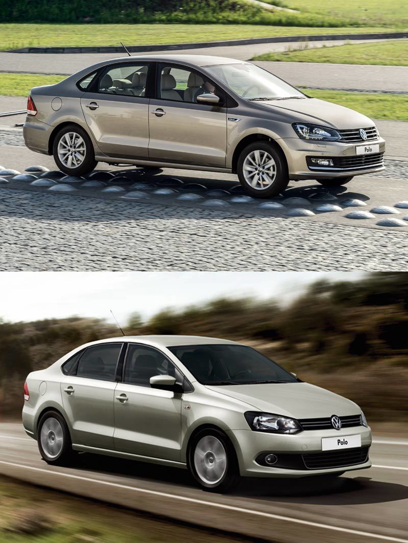 Вверху - обновленный седан Volkswagen Polo, внизу - предыдущая модель
