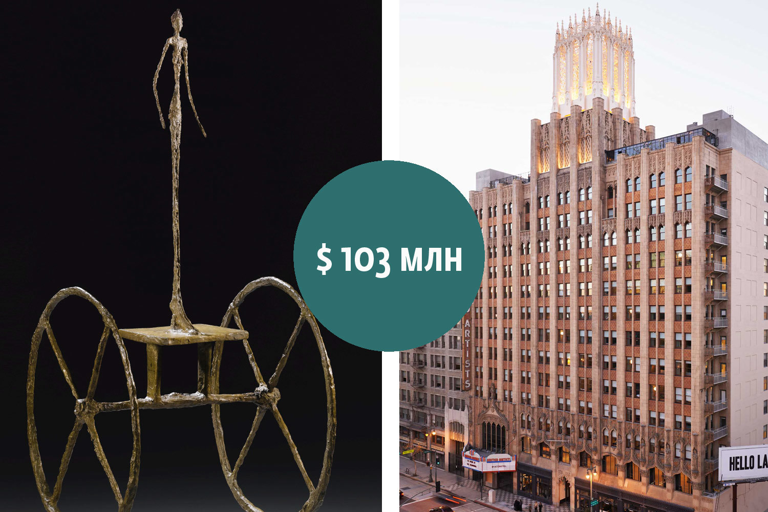 В ноябре 2014 г. на аукционе Sotheby’s в Нью-Йорке скульптура швейцарского художника Альберто Джакометти «Колесница» была продана за $101 млн. Работа высотой около полутора метров создана в 1950 г. За такую же цену весной этого года был продан отель и театр Ace в Лос-Анджелесе, рассчитанный на 182 комнаты. Покупателем стал  американский инвестфонд Chesapeake Lodging Trust