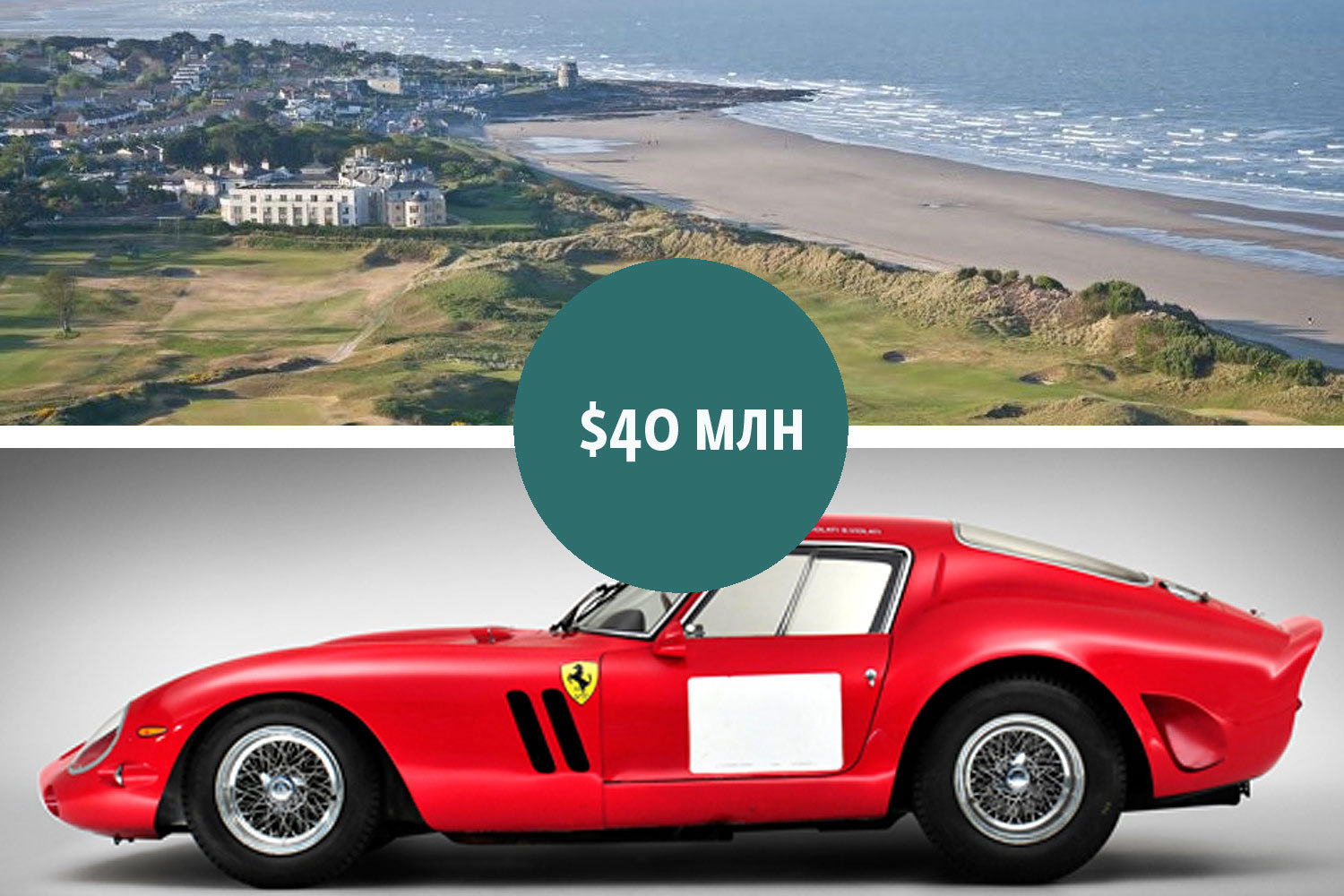 Редкий Ferrari 250 GTO Berlinetta 1962 г. был продан год назад в калифорнийском городе Монтерей аукционным домом Bonhams за $38,1 млн - рекордную для открытых торгов цену. Покупатель неизвестен. Столько же заплатил европейский инвестфонд за четырехзвездочный отель Portmarnock hotel & Golf Links в Ирландии