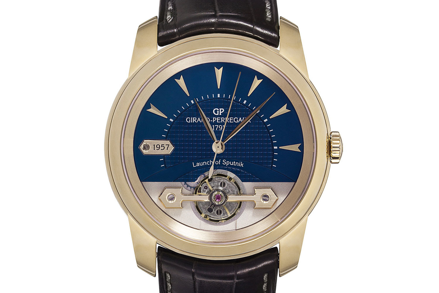 Модель Girard-Perregaux Place Girardet Launch of Sputnik выпущена в корпусе из розового золота диаметром 41 мм