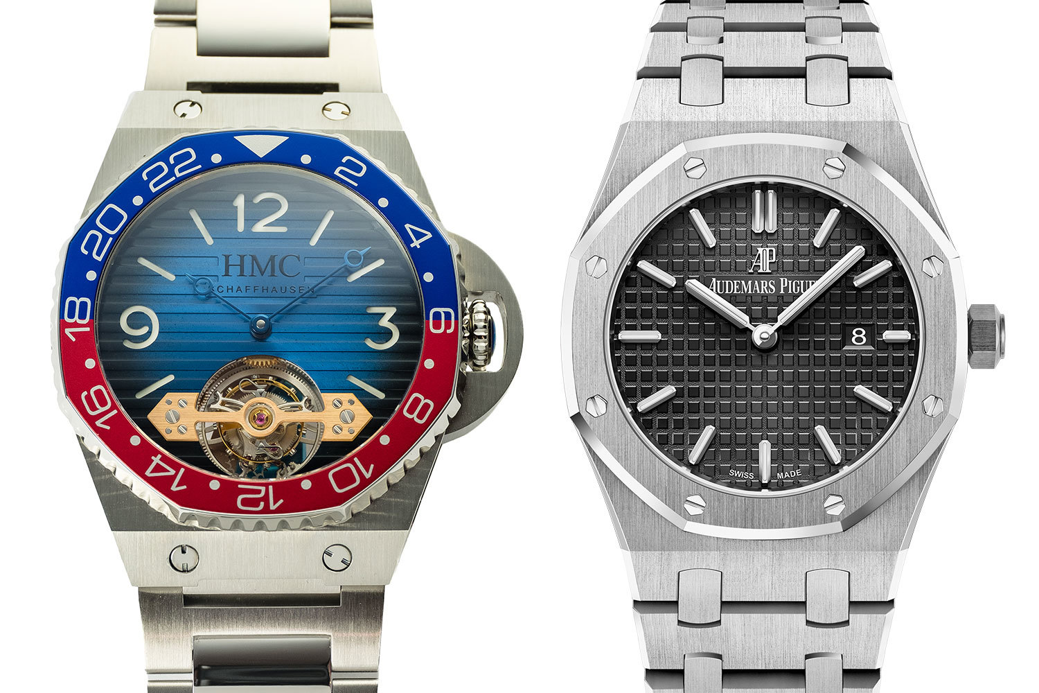 Форма корпуса и безеля напоминает часы Audemars Piguet Royal Oak (справа)