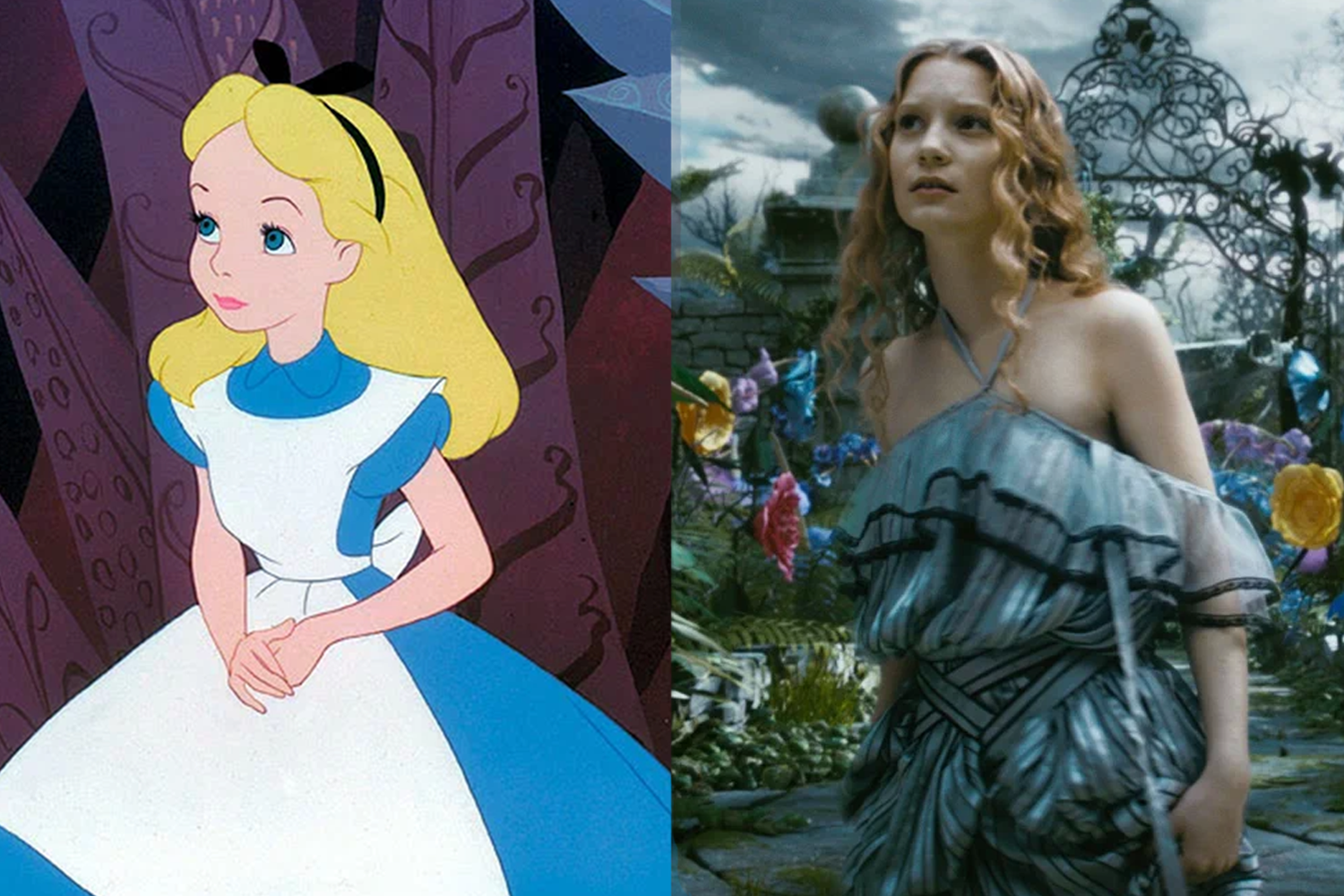 Алиса из Страны чудес стала заметно взрослей. В 1923 г. Дисней еще в Канзас-Сити снял немой короткометражный фильм с элементами анимации «Страна чудес Алисы». В нем главная героиня попадает в кроличью нору, спасаясь от нарисованных львов. Роль Алисы досталась пятилетней Вирджинии Дэвис. В 1951 г. Дисней вновь вернулся к книге Льюиса Кэрролла и выпустил по ней культовый мультфильм «Алиса в Стране чудес». На этот раз прообразом героини стала актриса Кэтрин Бомонт в возрасте 10 лет (в этот момент она снялась в комедии «На острове с тобой»). Мультипликаторы воспроизвели не только ее черты, светлые волосы и голубые глаза (на фото слева), но и чопорный английский акцент. В 2010 г. киностудия Disney спродюсировала кинофильм Тима Бертона под таким же названием. Правда, в кроличью нору в нем проваливается не ребенок, а молодая женщина накануне свадьбы (на фото справа).