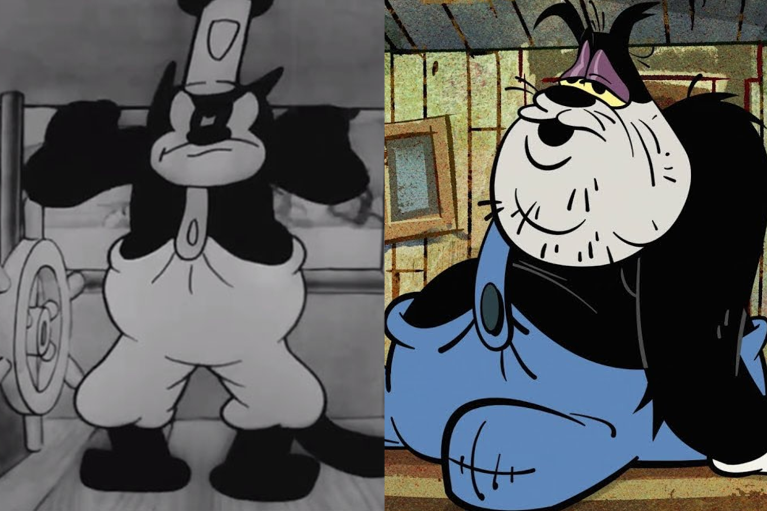 Пит задумывался медведем, а оказался котом. Неуживчивого героя придумали еще в Канзас-Сити для мультфильма «Алиса решает головоломки» 1925 г. Впоследствии он стал антагонистом в серии про кролика Освальда, а затем и главным противником Микки Мауса. В результате Пит подвергся самым сильным переработкам: вначале он превратился из медведя в гигантского черного кота, а затем из злодея – в полицейского («Кто подставил кролика Роджера») и относительно мирного приятеля Гуфи («Каникулы Гуфи»).