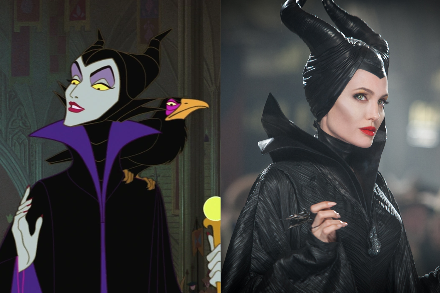 Малефисента стала добрей. Изначально она считалась главным антагонистом в полнометражном мультфильме «Спящая красавица» 1959 г. В нем могущественная фея (на фото слева) не только вела себя, как классические диснеевские злодеи, но и выглядела, как они: выразительные глаза,&nbsp; высоко задранные брови, серовато-зеленый цвет лица и черно-фиолетовые наряды. В 2014 г. Disney выпустил на экраны кинофильм Роберта Стромберга «Малефисента». В главной роли снялась Анджелина Джоли (на фото справа), которая в действительности чем-то внешне напоминает фею из «Спящей красавицы». Но отличие от нее героиня актрисы не утратила сострадания и сама выглядит жертвой обстоятельств.