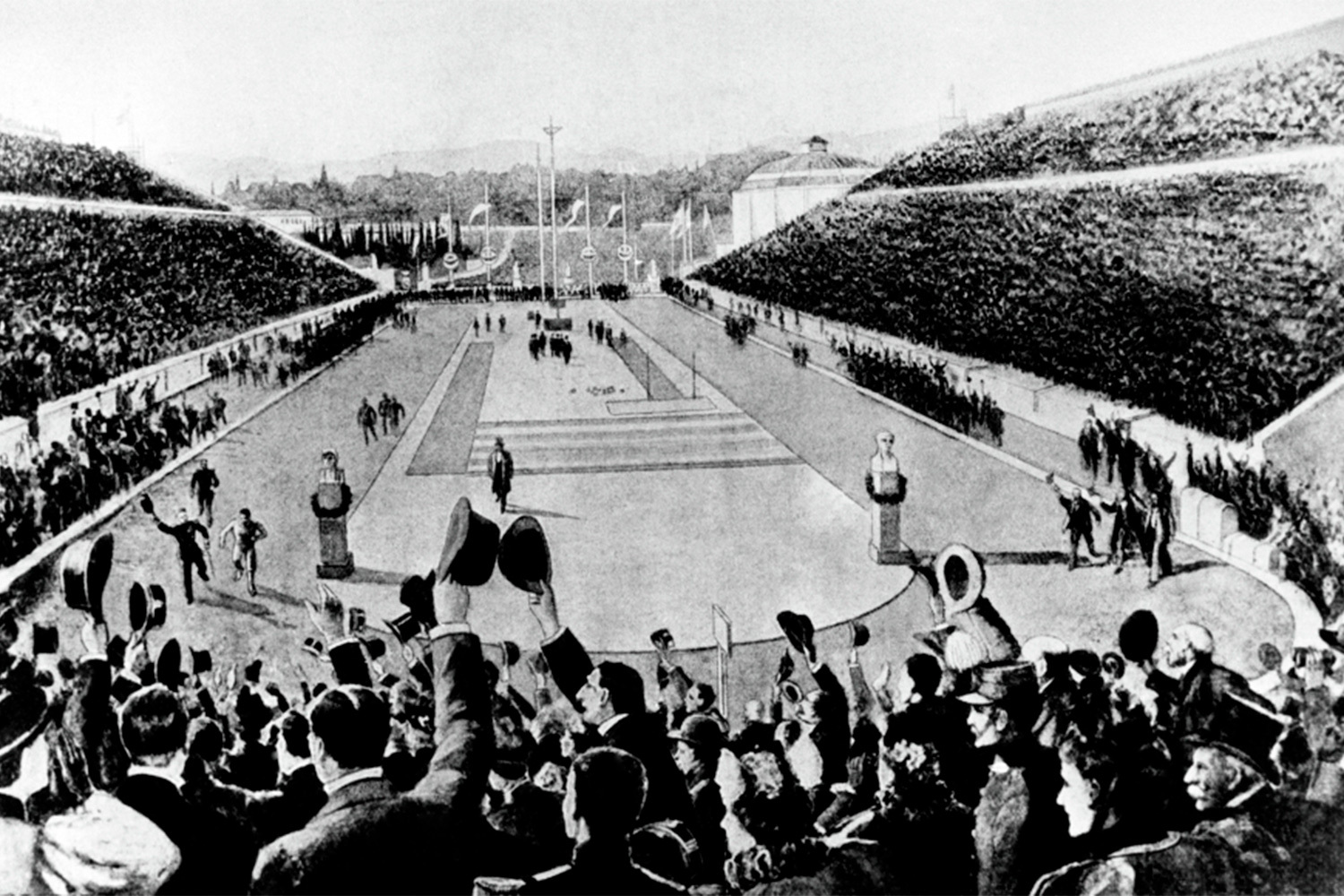 Первые летние Игры современности открылись 6 апреля 1896 г. в Афинах на стадионе «Панатинаикос», построенном в 330 г. до н. э. и восстановленном к турниру меценатом Георгиосом Авероффом. В девяти дисциплинах соревновался 241 мужчина из 14 стран. Джеймс Конноли – первый олимпийский чемпион современности. На Олимпиаде-1896 он одержал победу в тройном прыжке. Американец самовольно покинул Гарвардский университет, чтобы поехать в Грецию, и в итоге был отчислен за прогулы.На фото: зрители I Олимпиады в Афинах приветствуют победителей в беге.