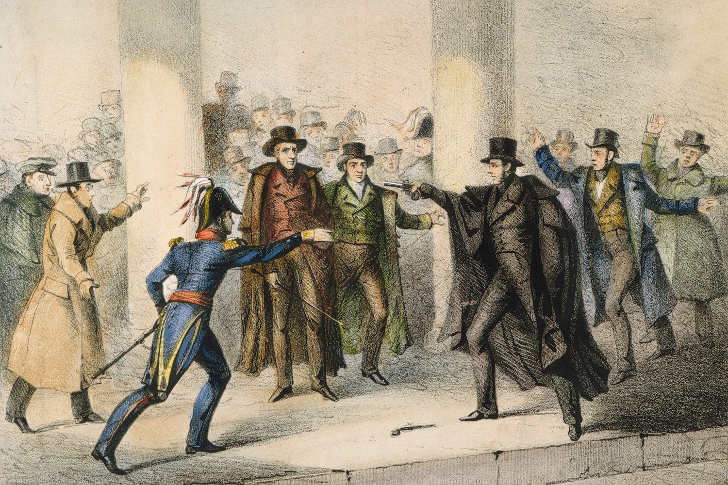 Первое в истории покушение на американского лидера произошло 30 января 1835 г. В этот день 7-й президент США Эндрю Джексон (1829–1837) направлялся в Капитолий на похороны одного из членов Палаты представителей. 34-летний маляр Ричард Лоуренс приобрел два однозарядных кремневых пистолета, положил их в карманы пальто и смешался с толпой. Когда Джексон приехал, к его карете кинулось столько желающих пожать ему руку, что Лоуренс просто не смог пробиться. Но после церемонии Джексон сам прошел всего в нескольких метрах от маляра, тот вытащил пистолет, прицелился в спину и нажал курок. По одной из версий, оружие дало осечку из-за отсыревшего пороха. Лоуренс выхватил из кармана второй пистолет, но президент услышал характерный щелчок, обернулся и выбил тростью оружие из руки нападавшего, а потом еще несколько раз ударил. После этого подоспел единственный охранник главы Соединенных Штатов. Суд признал Ричарда Лоуренса сумасшедшим: он считал, что правительство страны задолжало ему крупную сумму, так как он якобы потомок короля Англии Ричарда III, а выплатам препятствовал Эндрю Джексон. Преступник скончался через 26 лет в психиатрической лечебнице, где отбывал пожизненный срок.