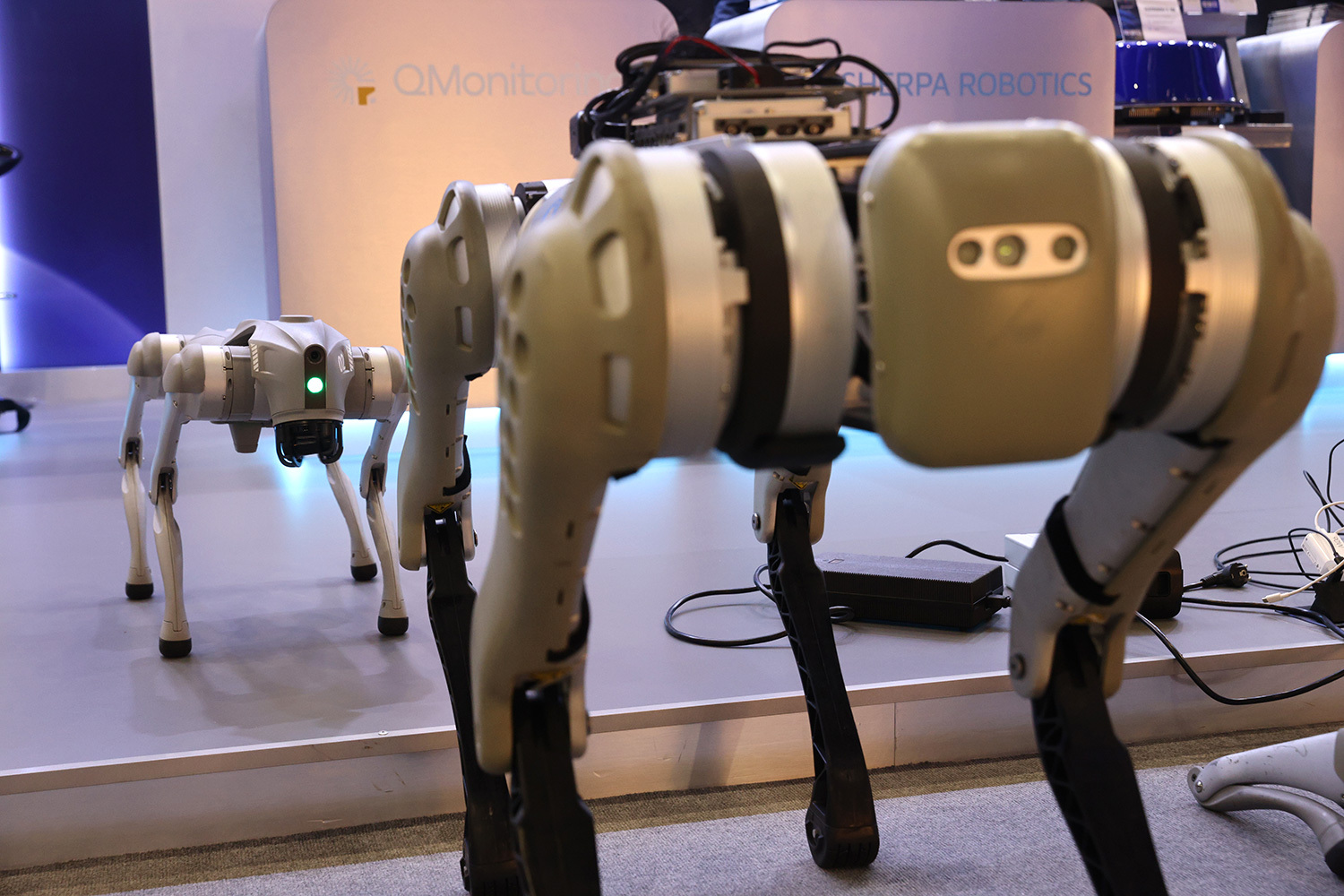 Бионический четвероногий робот-компаньон (робособака) на стенде Sherpa Robotics и QMonito. 