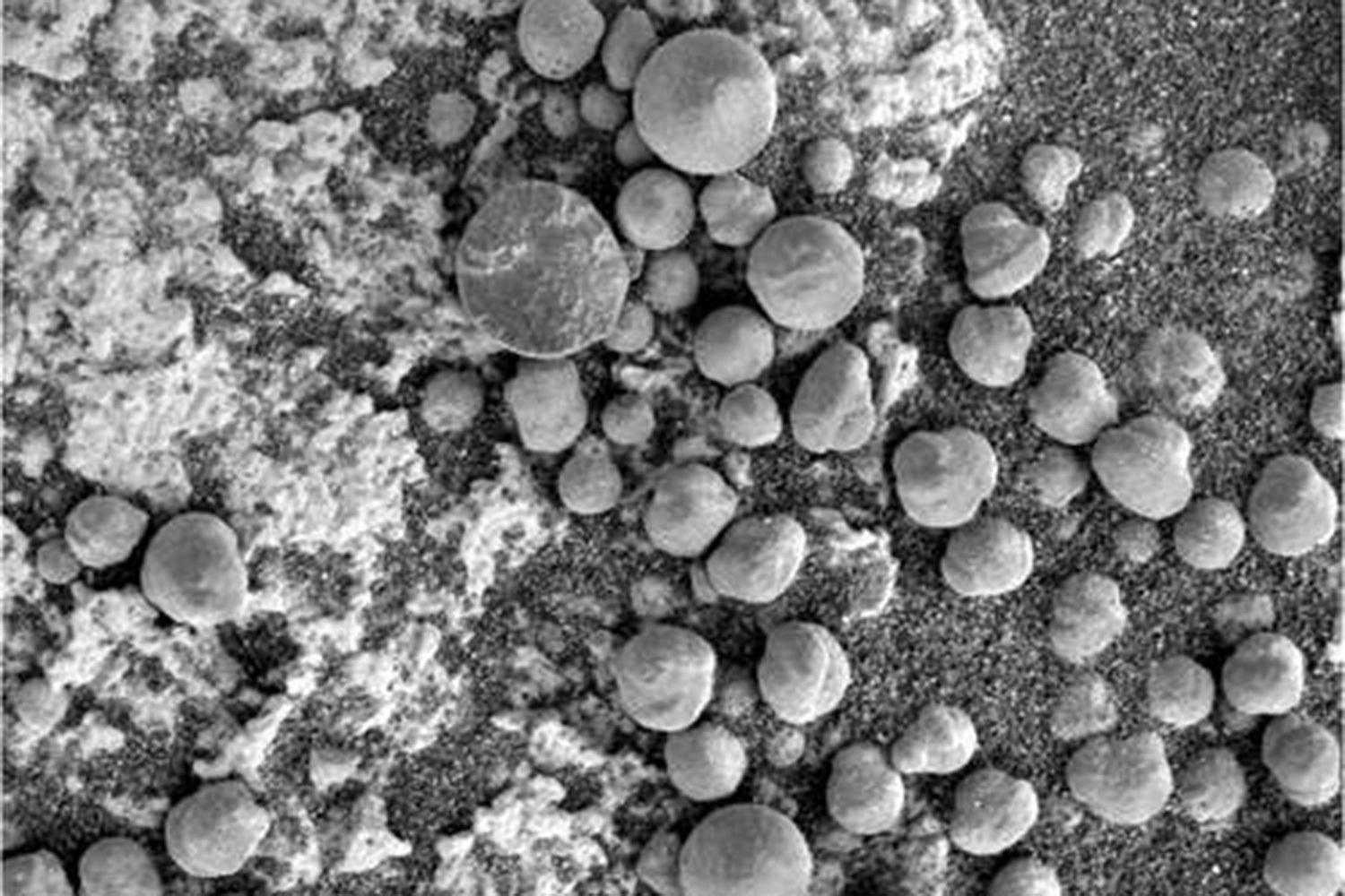 В 2004 г. марсоходы Spirit и Opportunity обнаружили минералы, свидетельствующие о прошлом присутствии воды на Марсе. В частности, Opportunity нашел гематитовые шарики («чернику» – на фото). Позже, у края кратера Эндевор, тот же ровер выявил жилу чистого гипса: этот минерал образуется, когда вода растворяет кальций в вулканических породах. В 2012 г. марсоход Curiosity начал изучать слои горы Шарп в кратере Гейл, выявив органические молекулы и зафиксировав сезонные колебания метана в атмосфере.