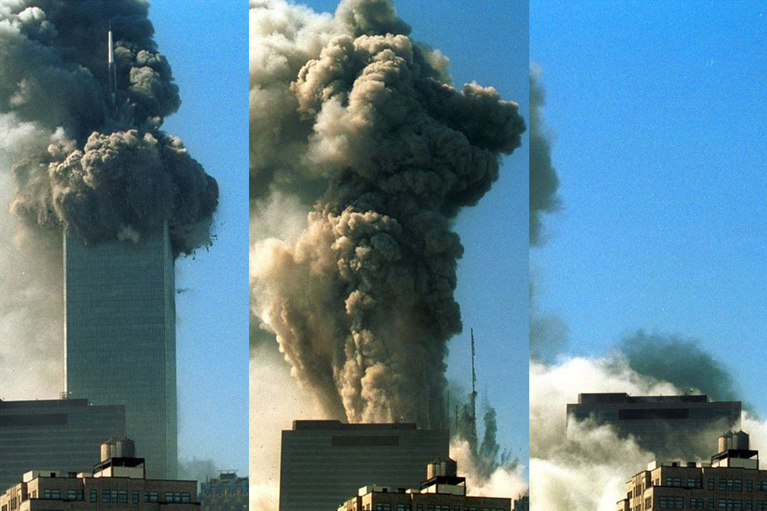 В 9:59, спустя 56 минут после атаки, рухнула Южная башня ВТЦ, атакованная второй. Полное падение 415-метрового небоскреба заняло всего 9–10 секунд. Оно рассекло пополам стоявший у подножия 22-этажный отель Marriott и нанесло тяжелые повреждения 47-этажному зданию ВТЦ-7. Ударная волна также накрыла командный штаб пожарной службы в вестибюле Северной башни: находившиеся там люди погибли, а спасатели лишились централизованного управления в самый критический момент. По оценке экспертов Национального института стандартов и технологий США, катастрофа произошла из-за структурных повреждений от столкновения, срыва противопожарной изоляции и термического ослабления стальных конструкций. Тонны бетона и гипсокартона превратились в токсичную пыль, накрывшую Нижний Манхэттен плотным слоем в несколько сантиметров.