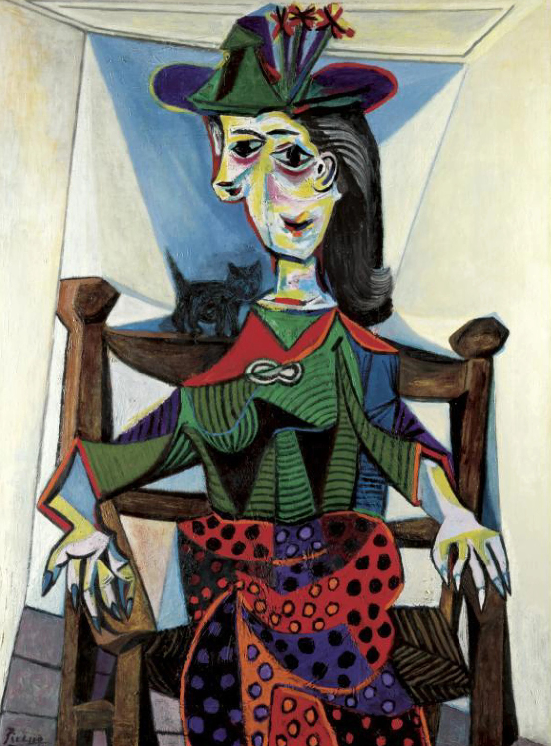 «Дора Маар с кошкой» (1941) – $95,2 млнДраматичный портрет возлюбленной и музы Пикассо военных лет – фотографа Доры Маар, сидящей в кресле с котом на плече. Написан в 1941 г. в оккупированном Париже. По настроению это одна из самых нервных и экспрессивных работ мастера. 3 мая 2006 г. на Sotheby's в Нью-Йорке полотно ушло за $95,2 млн – почти вдвое выше нижней оценки. Покупателем, по данным СМИ, стал грузинский миллиардер Бидзина Иванишвили.